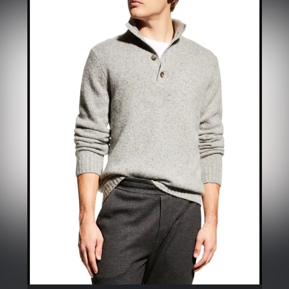 Joseph Abboud Oatmeal Grey Button Neck Wool Blend Long Sleeve Sweater